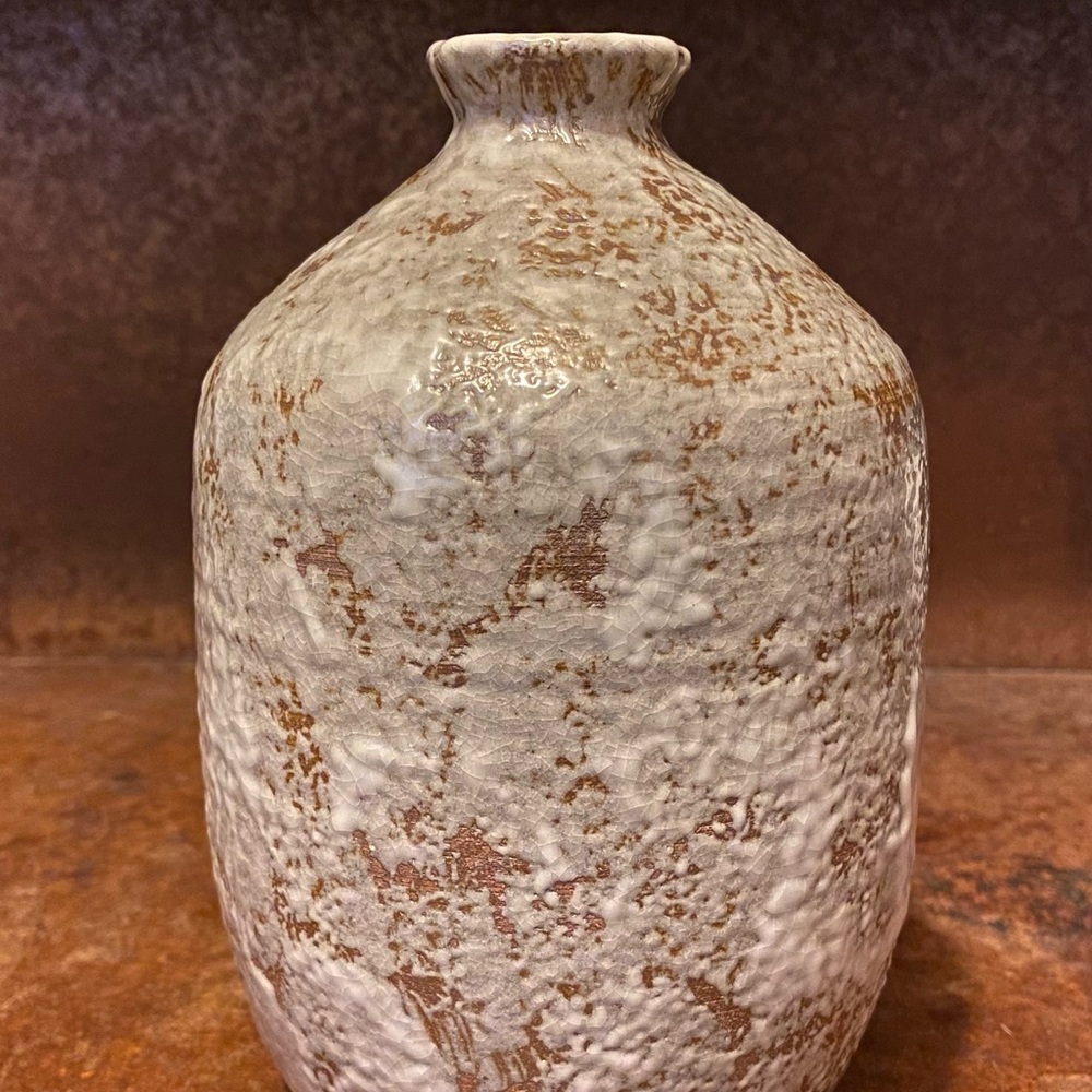White Speckled Glaze Over Terracotta Vase Fat Lava Art Pottery Stamped